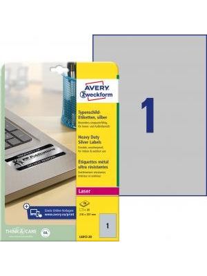 Etikety polyesterové veľmi odolné 210x297mm Avery A4 strieborné 20 hárkov