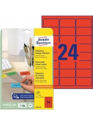 Etikety Avery odnímateľné 63,5x33,9 mm, červené